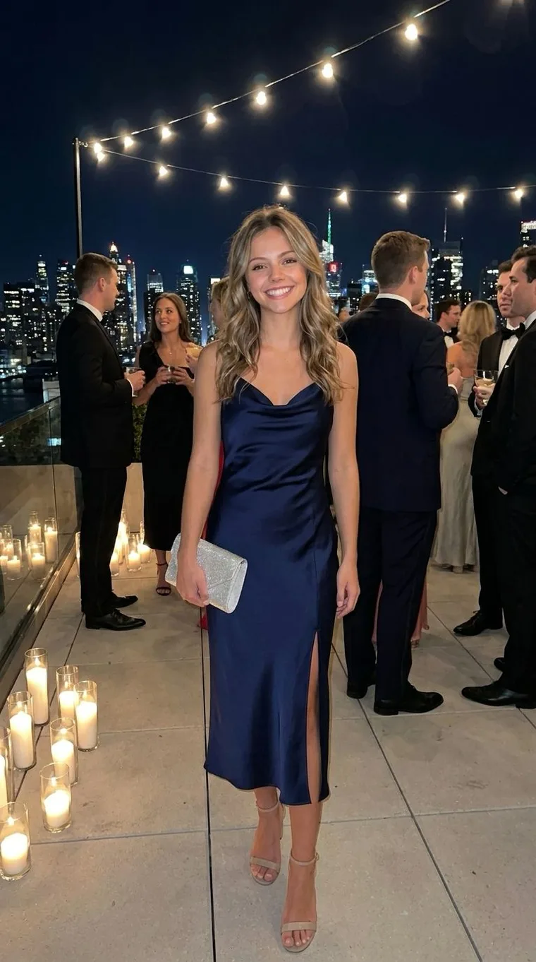 A navy bias-cut silk slip dress with a nude heel at a rooftop evening party