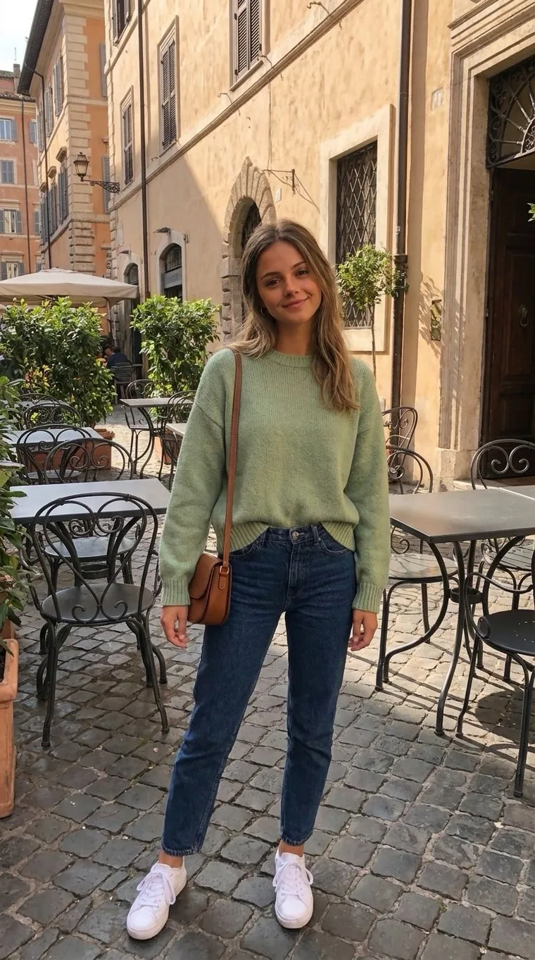 A soft sage sweater with straight jeans and a tan crossbody bag in an Italian piazza