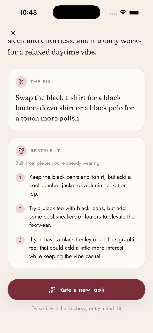 The suggested fix and restyle ideas built from pieces already in the outfit