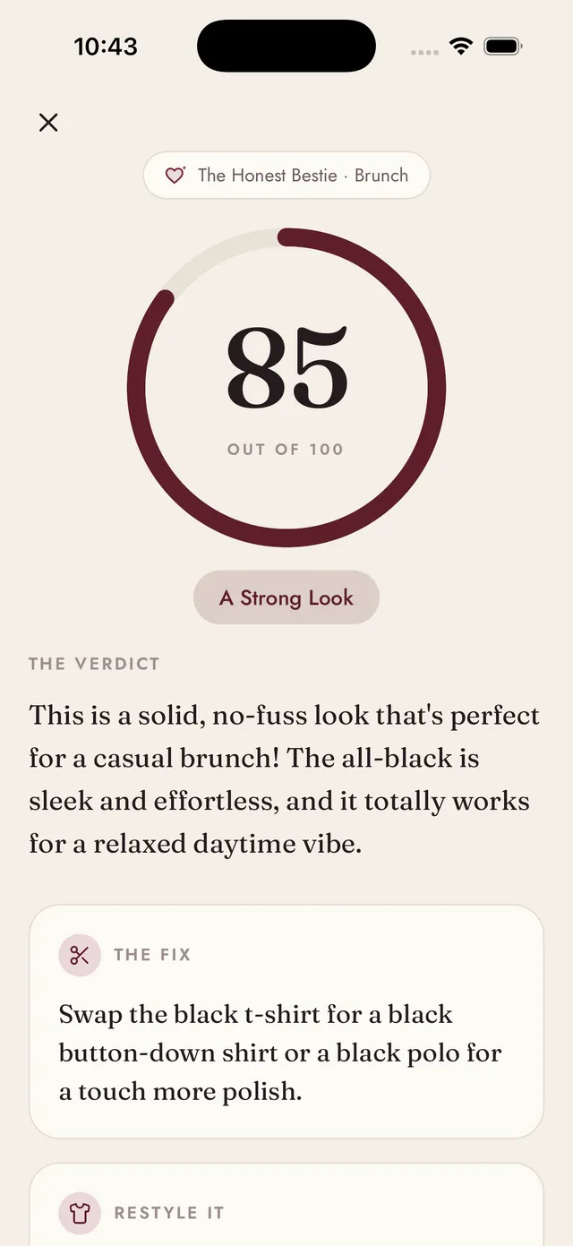 A finished rating: a score of 85, the band “A Strong Look”, and the written verdict